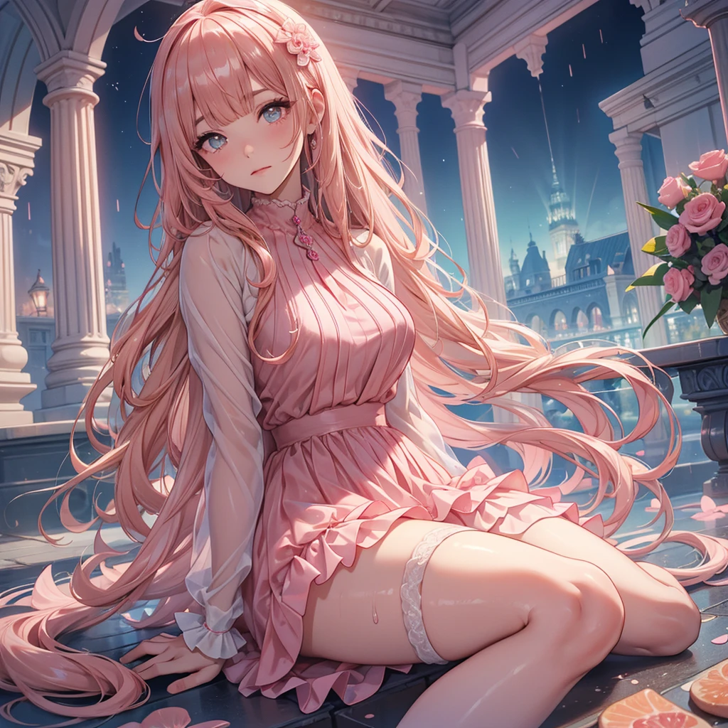 Full body depiction on screen, Glaring Eyes Showing disgust Blonde Long Hair anime Romanesque style Super Curly Hair Super long sideburns Wet and transparent salmon pink turtleneck wedding dress cuteポージング Pool at night Droopy eyes Ribbon headband 天蓋付きのcuteベッド Aqua Blue Rubber Sheets Aqua Blue Rubber Bed Sitting Sad face Embarrassing Blushing Wet and see-through salmon pink berry long skirt Wet and see-through salmon pink tights Wet and see-through salmon pink underwear Metal luster Chest mesh Multiple ribbons Soaked in the rain Wet and see-through salmon pink super long gloves Wet and see-through salmon pink pantyhose Wet and transparent shocking pink garter belt cute Pitiful clear Big eyes Droopy eyes Pale pink rouge Shocking Pink Pink Long Boots Wet and see-through salmon pink bodysuit