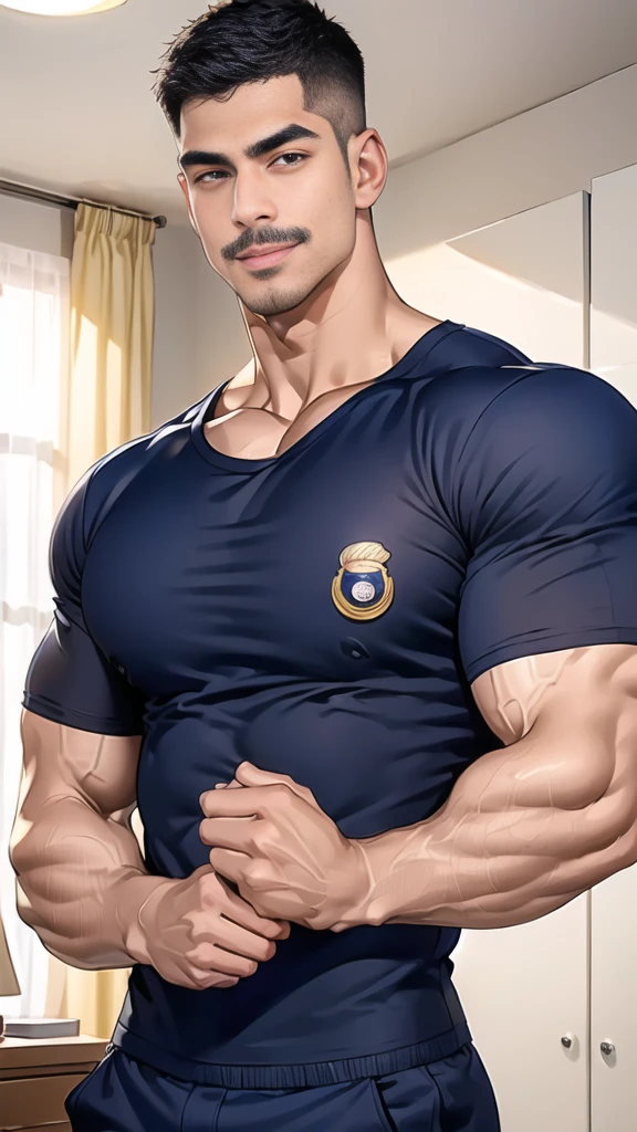 (handsome Man),(Thin mustache:1.1),(crew cut short hair:1.5),black eye,
(navy blue tight-fitting round neck short sleeve T-shirt:1.3),(Police badge:1.3),navy blue cargo pants,(navy_gloves:1,3),
Korean guy,chest muscles,large arm muscles,blood vessel,Big muscles,Broad shoulders,(open mouth:1.2),(face up:1.2),(open eyes:1.5),middle of the road,smile,(bedroom:1.4) 