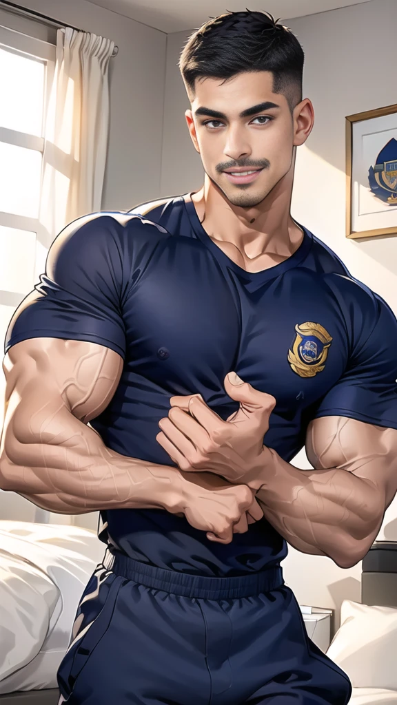 (handsome Man),(Thin mustache:1.1),(crew cut short hair:1.5),black eye,
(navy blue tight-fitting round neck short sleeve T-shirt:1.3),(Police badge:1.3),navy blue cargo pants,(navy_gloves:1,3),
Korean guy,chest muscles,large arm muscles,blood vessel,Big muscles,Broad shoulders,(open mouth:1.2),(face up:1.2),(open eyes:1.5),middle of the road,smile,(bedroom:1.4)