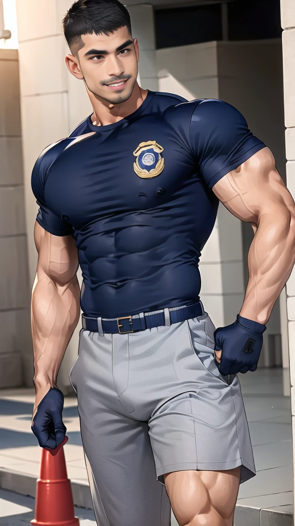 (handsome Man),(Thin mustache:1.1),(crew cut short hair:1.5),black eye,
(navy blue tight-fitting round neck short sleeve T-shirt:1.3),(Police badge:1.3),navy blue cargo pants,(navy_gloves:1,3),
Korean guy,chest muscles,large arm muscles,blood vessel,Big muscles,Broad shoulders,(open mouth:1.2),(face up:1.2),(open eyes:1.5),middle of the road,smile,(under town:1.4),