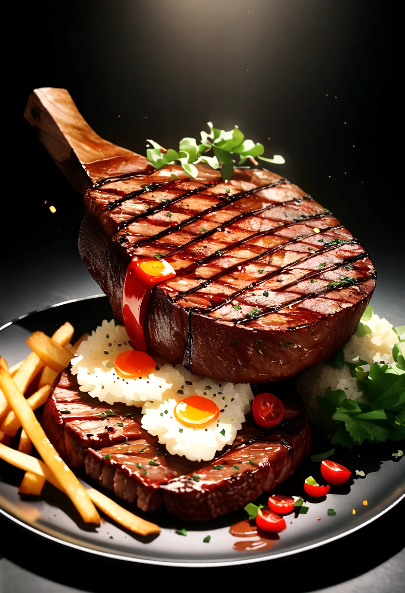 Delicious steak dish with rice and fries, Cinematic, Professional photography, Studio Lighting, Studio Background, Advertising Photography, Intricate details, Very detailed, Surreal, 8K Ultra HD