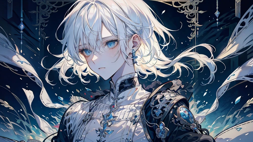 Watercolor, Dynamic configuration, male, 20-year-old, Very short hair, Flowing Hair, Asymmetrical bangs, Shiny platinum blonde hair, Beautiful detailed hair, good looking, Perfect hands, Heterochromia, White skin, knife, army, landscape, Very delicate and beautiful, Very detailed光, wallpaper 8k CG, Very detailed, Highest quality,