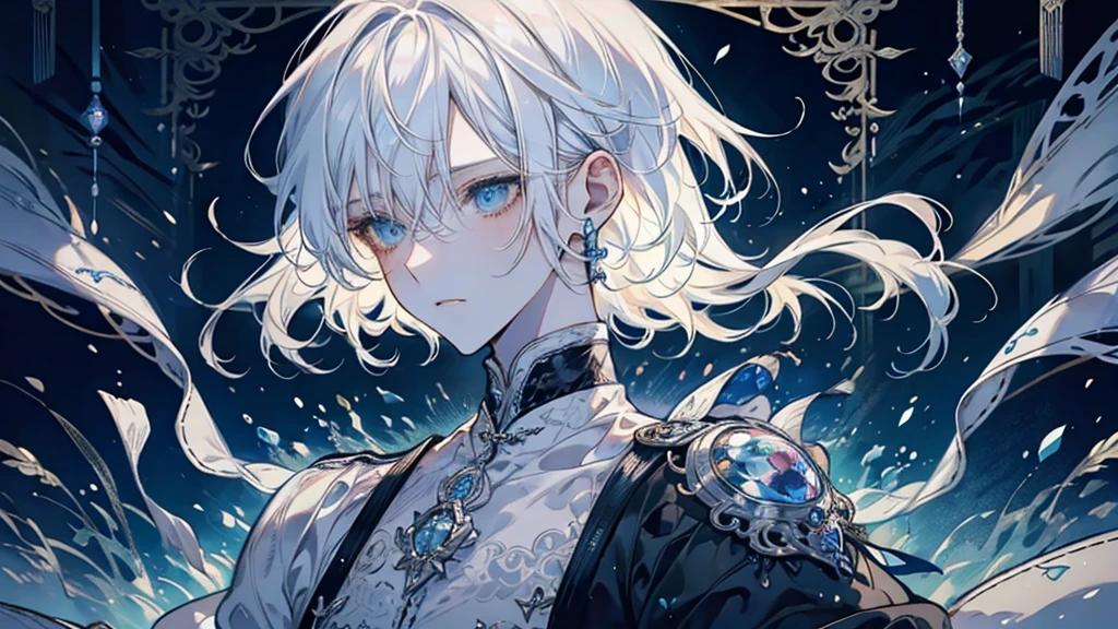 Watercolor, Dynamic configuration, male, 20-year-old, Very short hair, Flowing Hair, Asymmetrical bangs, Shiny platinum blonde hair, Beautiful detailed hair, good looking, Perfect hands, Heterochromia, White skin, knife, army, landscape, Very delicate and beautiful, Very detailed光, wallpaper 8k CG, Very detailed, Highest quality,