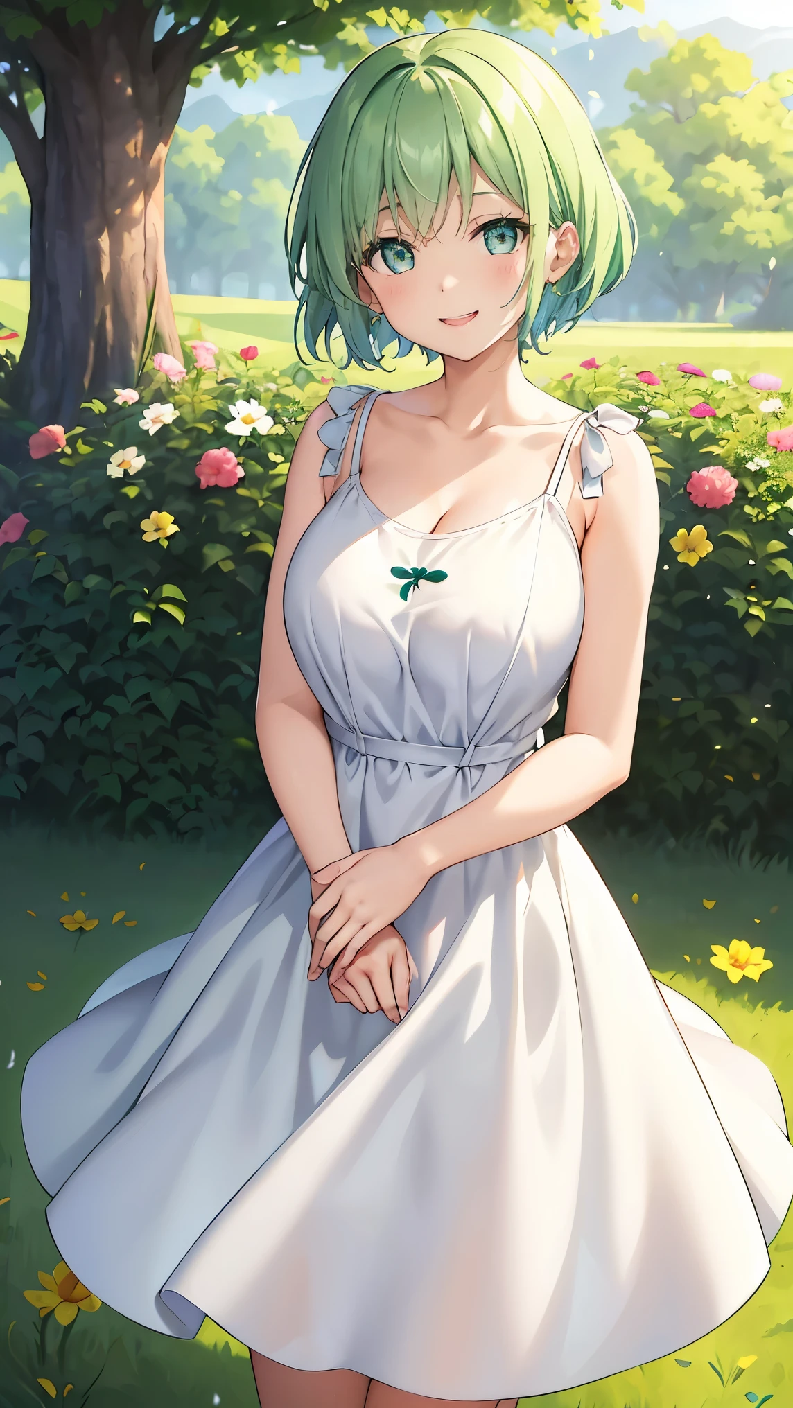Girl with short green hair, Small size breasts, Small breasts、Green Eyes, White Casual Wear Beauty Special、(((tits))),Full body shot from head to toe、White dress、Colorful flower fields、Fluttering petals、A big smile when looking at the flowers、Uplifting、Swaying in the Wind