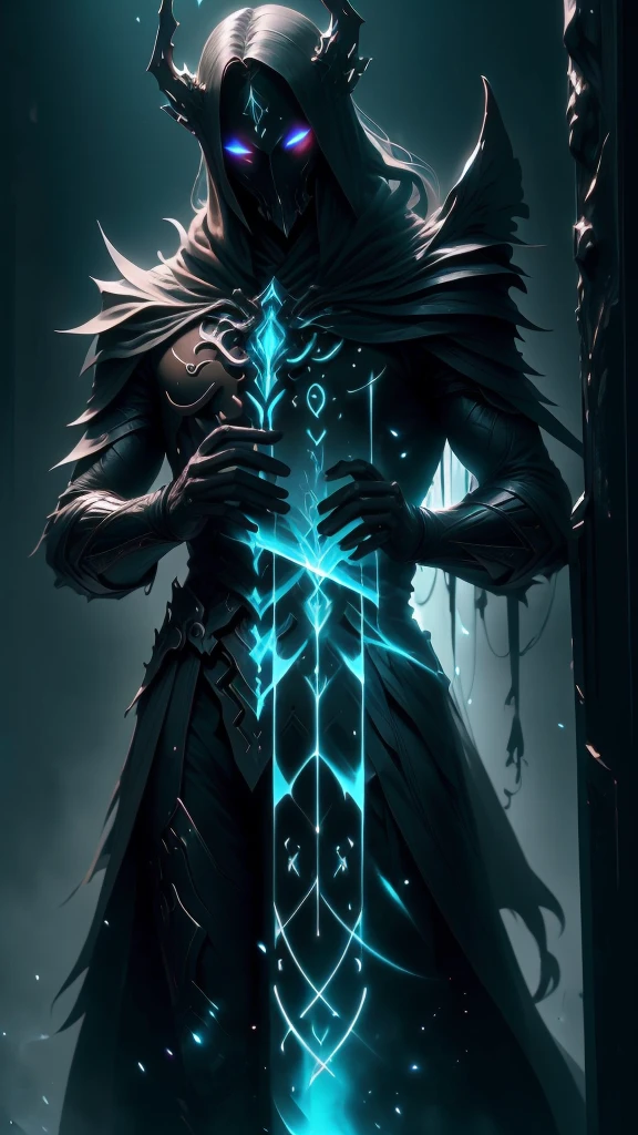 Striking illustration of the Angel of Death., A mysterious and ethereal figure who guards the threshold between life and death.. His presence is enigmatic and powerful...., con alas inmensas que se extienden hacia el horizonte y una mirada penetrante que transmite serenidad y temor. He uses cool tones and deep shadows to emphasize his ethereal nature and his connection to the realm of death......(dark lighting), ( ethereal lighting),(Spectral illumination)