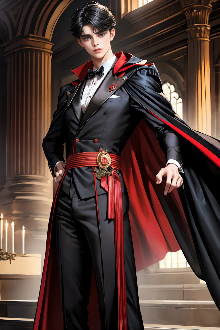
masterpiece, 最high quality, high quality, 1 boy, alone, Male focus, Watching the audience,  Messy black hair, Adorable big blue eyes, White people, Noble, Noble,Sexy voluminous black and red cape、Tuxedo、A very voluminous, large, very large, very large, long, long red and black cape with a high stand-up collar, reaching down to the floor, made of a lot of fabric., 17 years old,Cute beautiful boys,Cute, cute, kind, handsome guy