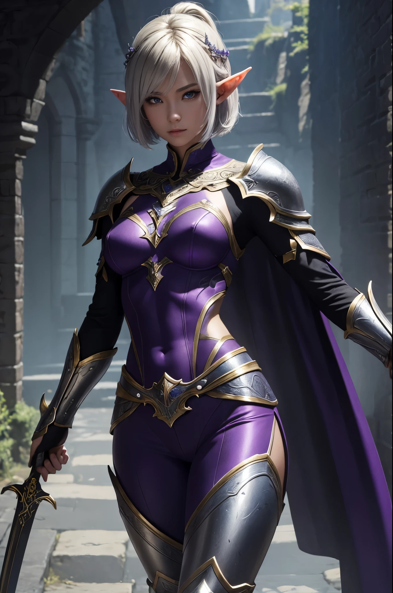 8K、Blonde short bob hair elf、Super Beauty(Realistic)、Alafeido woman in purple and black outfit、Ultra-detailed fantasy characters、3DレンダリングCharacter Art、blue eyes、Detail Fantasy、Stunning Armor、素晴らしいCharacter Art、Enchantingなメスメルウーマン、Gorgeous Female Paladin、Ultra-high resolution、Ultra-Realistic Skin、Beautiful expression、Sexy appearance、Enchanting、Beautiful small breasts、Rich colors、Backlight、Cinema Lighting、Film Grain、50mm lens、Nikon D850、Fantasy art、Character Art、Dynamic fighting poses、In a dimly lit dungeon、make、Elf Ears、Very muscular and slim body、Very strong abs(8 Pack)、Silver hair ornament(one point)、Purple and black combat pants、Curved silver holding two small swords、Preparing for battle、
