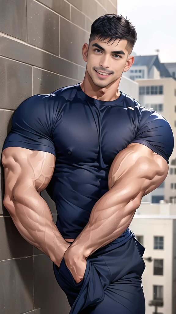 (handsome Man),(Thin mustache:1.1),(crew cut short hair:1.5),black eye, (navy blue tight-fitting round neck short sleeve T-shirt:1.3),(Police badge:1.3),navy blue cargo pants,(navy_gloves:1,3), Korean guy,chest muscles,large arm muscles,blood vessel,Big muscles,Broad shoulders,(open mouth:1.2),(face up:1.2),(open eyes:1.5),middle of the road,smile,(City town:1.4)