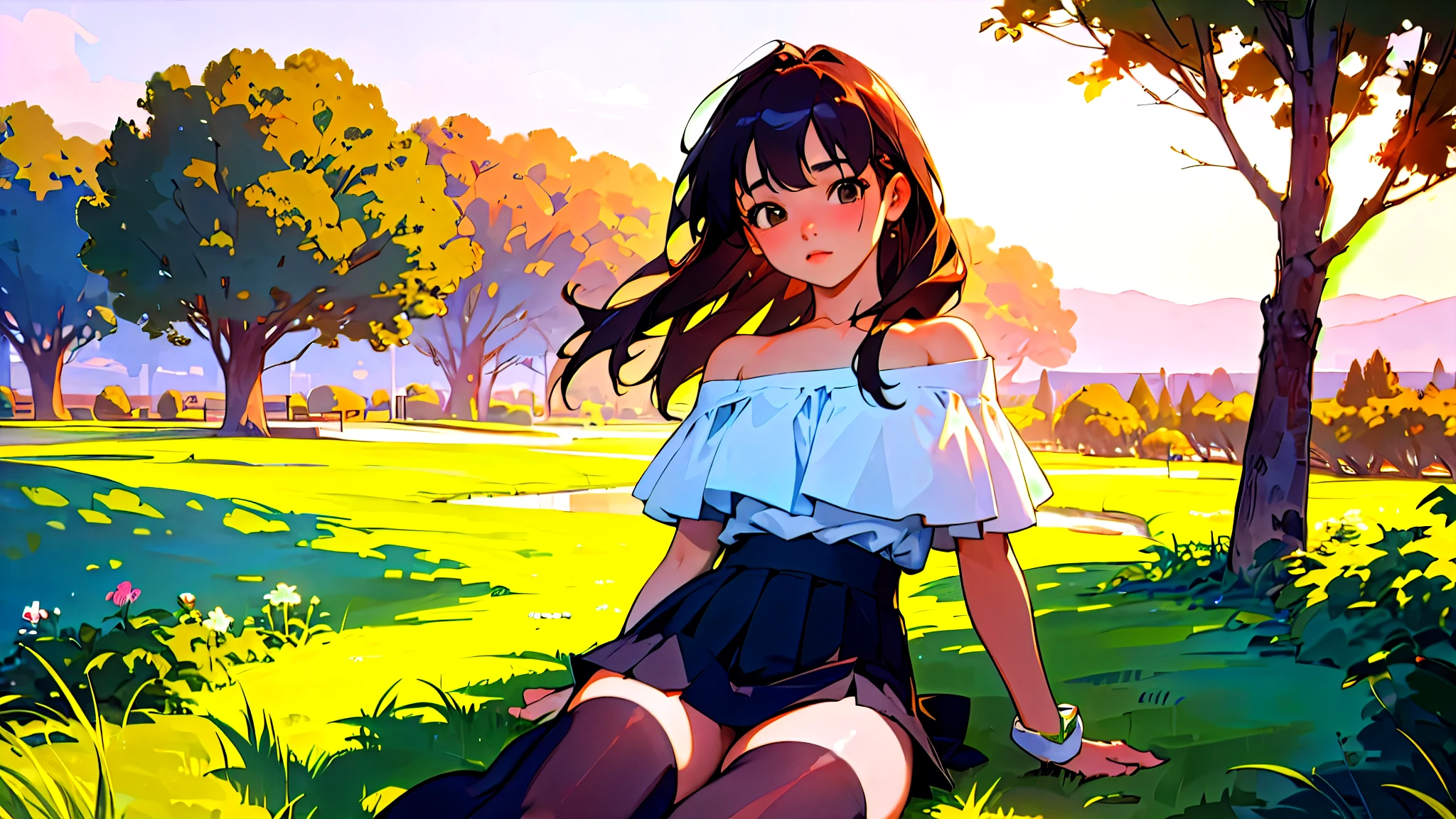(Highest quality, masterpiece, Ultra-realistic), Beautiful and delicate15Year-old girl portrait, With a calm and gentle expression, Model for painting、Background landscape is park at sunset、Off the shoulder、Miniskirt、Black Stockings、Retro feel