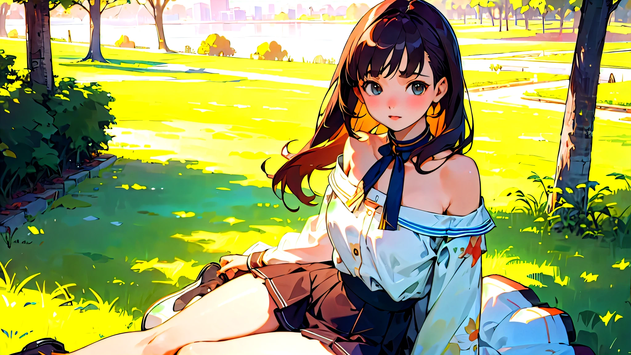 (Highest quality, masterpiece, Ultra-realistic), Beautiful and delicate１５Year-old girl portrait, With a calm and gentle expression, Model for painting、Background landscape is park at sunset、Off the shoulder、Miniskirt、Black Stockings、Retro feel