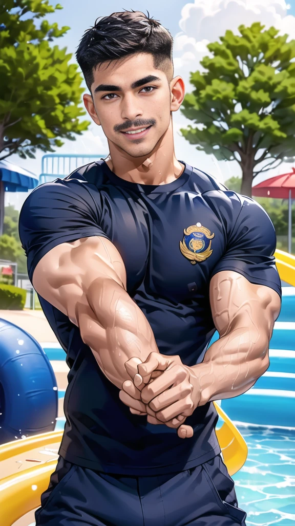 (handsome Man),(Thin mustache:1.1),(crew cut short hair:1.5),black eye,
(navy blue tight-fitting round neck short sleeve T-shirt:1.3),(Police badge:1.3),navy blue cargo pants,(navy_gloves:1,3),
Korean guy,chest muscles,large arm muscles,blood vessel,Big muscles,Broad shoulders,(open mouth:1.2),(face up:1.2),(open eyes:1.5),middle of the road,smile,(water park:1.4),