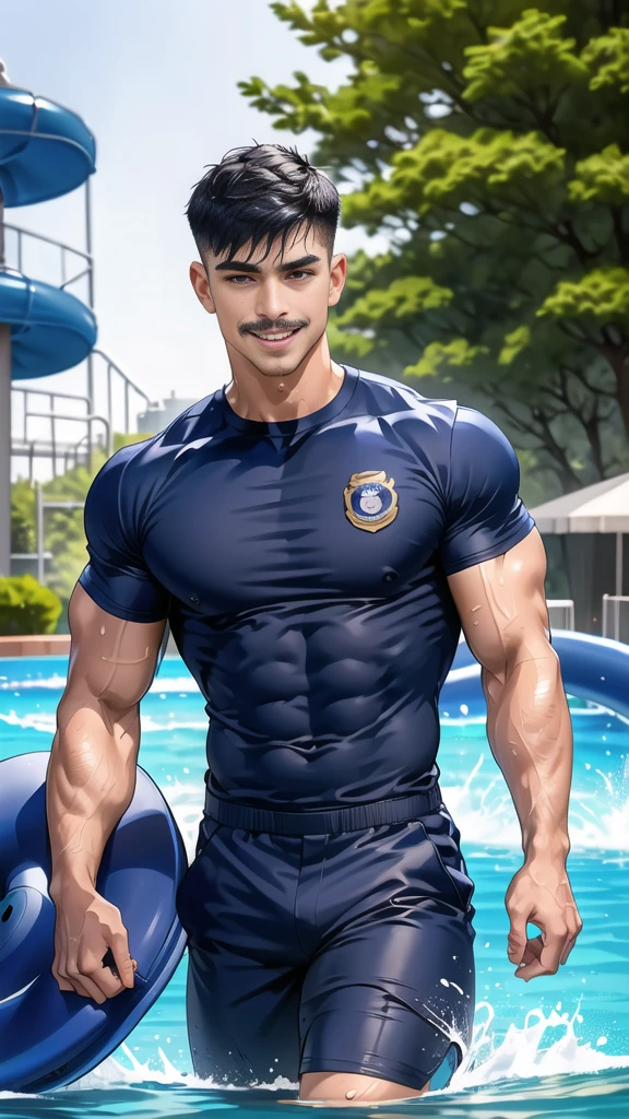 (handsome Man),(Thin mustache:1.1),(crew cut short hair:1.5),black eye,
(navy blue tight-fitting round neck short sleeve T-shirt:1.3),(Police badge:1.3),navy blue cargo pants,(navy_gloves:1,3),
Korean guy,chest muscles,large arm muscles,blood vessel,Big muscles,Broad shoulders,(open mouth:1.2),(face up:1.2),(open eyes:1.5),middle of the road,smile,(water park:1.4),