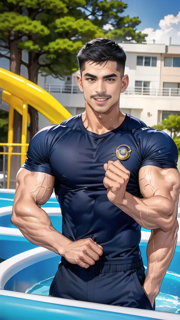 (handsome Man),(Thin mustache:1.1),(crew cut short hair:1.5),black eye,
(navy blue tight-fitting round neck short sleeve T-shirt:1.3),(Police badge:1.3),navy blue cargo pants,(navy_gloves:1,3),
Korean guy,chest muscles,large arm muscles,blood vessel,Big muscles,Broad shoulders,(open mouth:1.2),(face up:1.2),(open eyes:1.5),middle of the road,smile,(water park:1.4),