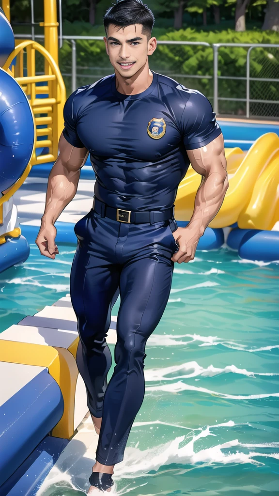 (handsome Man),(Thin mustache:1.1),(crew cut short hair:1.5),black eye,
(navy blue tight-fitting round neck short sleeve T-shirt:1.3),(Police badge:1.3),navy blue cargo pants,(navy_gloves:1,3),
Korean guy,chest muscles,large arm muscles,blood vessel,Big muscles,Broad shoulders,(open mouth:1.2),(face up:1.2),(open eyes:1.5),middle of the road,smile,(water park:1.4),