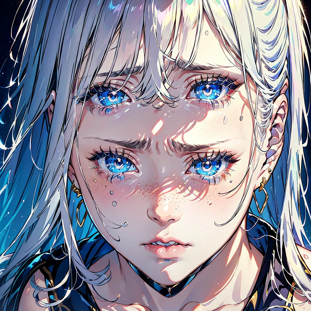 portrait of a young woman crying, silvery hair, (tears), (blue) eyes, (freckles), juicy lips, gold earrings, beautiful lights, iper-realistic, masterpiece, cinematic lighting, best quality.