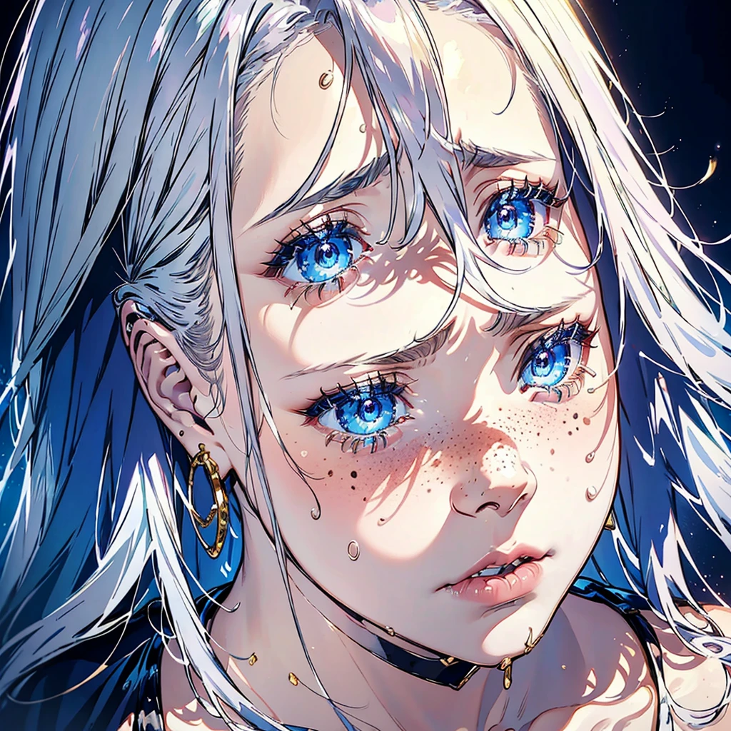 portrait of a young woman crying, silvery hair, (tears), sad face, simmetric (blue) eyes, (light freckles), juicy lips, gold earrings, beautiful lights, iper-realistic, masterpiece, ((cinematic lighting)), best quality.