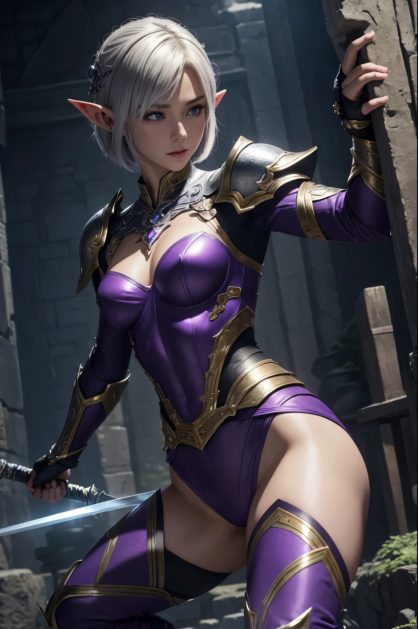 8K、Blonde short bob hair elf、Super Beauty(Realistic)、Alafeido woman in purple and black outfit、Ultra-detailed fantasy characters、3DレンダリングCharacter Art、blue eyes、Detail Fantasy、Stunning Armor、素晴らしいCharacter Art、Enchantingなメスメルウーマン、Gorgeous Female Paladin、Ultra-high resolution、Ultra-Realistic Skin、Beautiful expression、Sexy appearance、Enchanting、Beautiful small breasts、Rich colors、Backlight、Cinema Lighting、Film Grain、50mm lens、Nikon D850、Fantasy art、Character Art、Dynamic fighting poses、In a dimly lit dungeon、make、Elf Ears、Very muscular and slim body、Very strong abs(8 Pack)、Silver hair ornament(one point)、Purple and black combat pants、Curved silver holding two small swords、Preparing for battle、