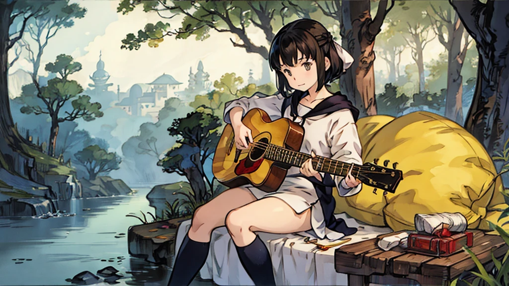 Ghibli style,guitar,girl