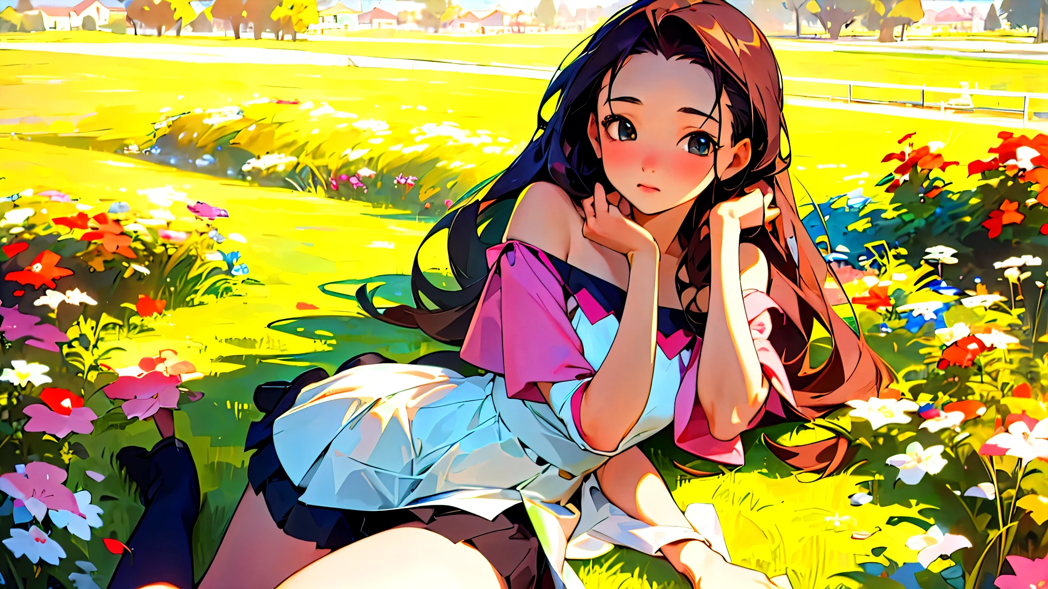 (Highest quality, masterpiece, Ultra-realistic), Beautiful and delicate15Year-old girl portrait, With a calm and gentle expression, Model for painting、Background landscape is park at sunset、Off the shoulder、Miniskirt、Black Stockings、Retro feel