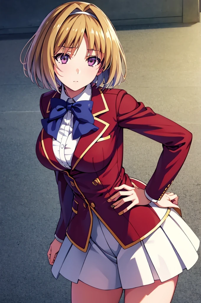 masterpiece, best quality, high resolution, best illustration, super fine illustration, official art, anime screencap, anime keyvisual, detailed beautiful face and eyes, (perfect anatomy:1.5), 8k portrait, (detail focus fingers:1.2), 
1girl,
Kushida Kikyou, 
Kushida Kikyou \(youjitsu\),
short hair, 
bronze hair, 
(purple eyes:1.2), small eyes, 
blue bow, hairband, 
large breasts, 
, red jacket, long sleeves, white skirt, pleated skirt, black calf socks,
seductive pose, 
looking at viewer, 
cowboy shot, 


perfect light, 