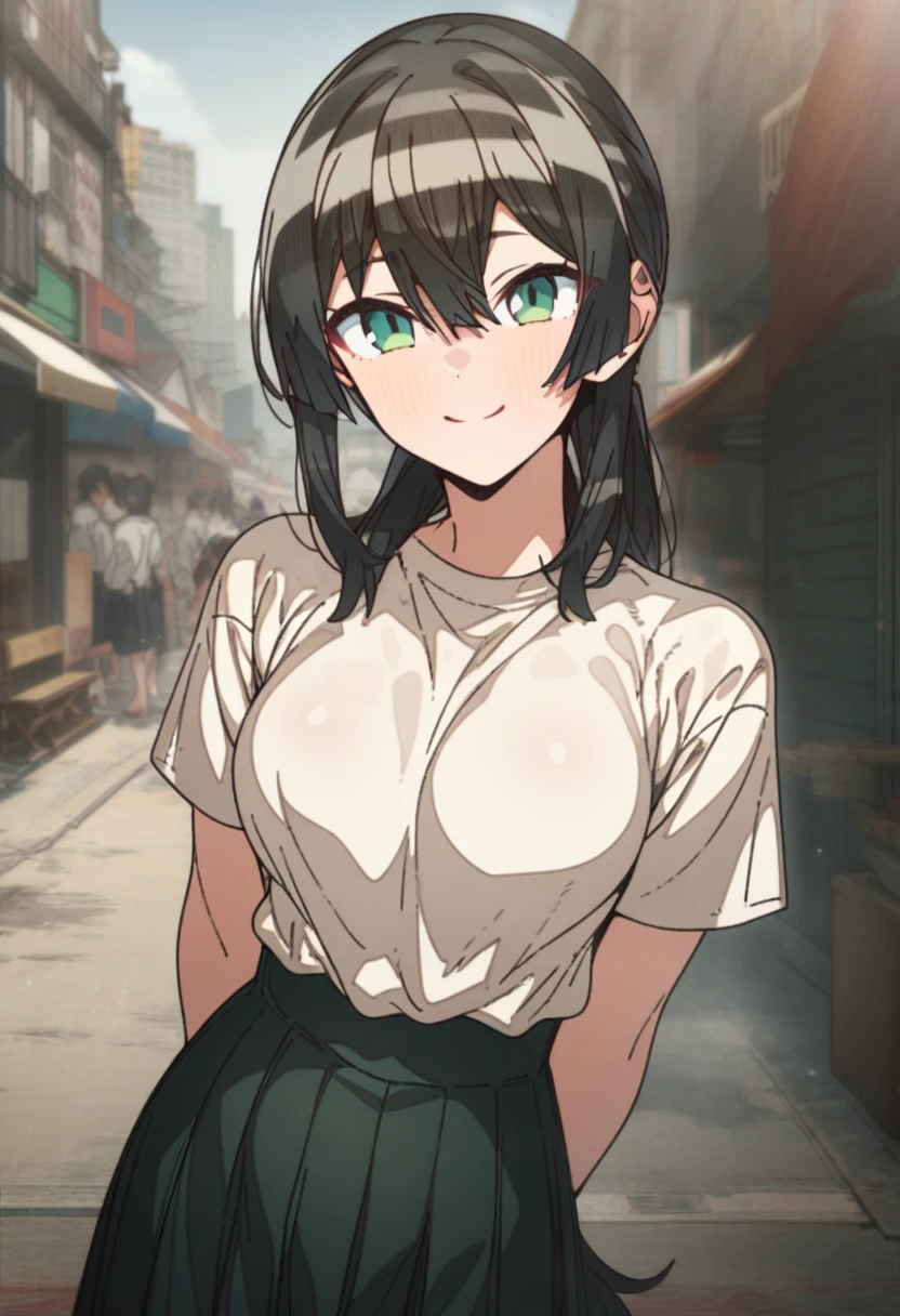 1girl, erere, solo, official art, black hair, green eyes, smile, attractive, looking at viewer, pony tail, side bangs, medium breasts, black pleated skirt, white shirt, hands behind back, raised eyebrows, expressive, smile, outdoors, scenery, best quality, masterpiece
