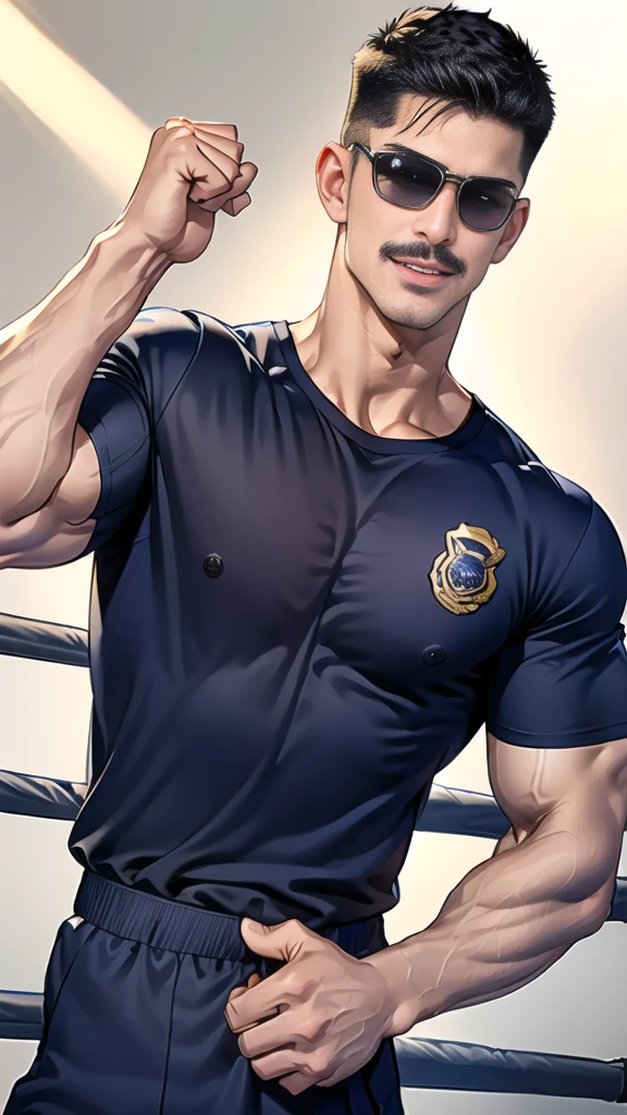 (handsome Man),(Thin mustache:1.1),(crew cut short hair:1.5),black eye,
(navy blue tight-fitting round neck short sleeve T-shirt:1.3),(Police badge:1.3),navy blue cargo pants,(navy_gloves:1,3),(navy_backpack:1.3),(sunglasses:1.3),
Korean guy,chest muscles,large arm muscles,blood vessel,Big muscles,Broad shoulders,(open mouth:1.2),(face up:1.2),(open eyes:1.5),middle of the road,smile,(boxing ring:1.4),