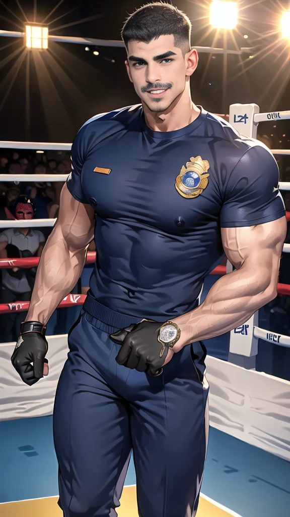 (handsome Man),(Thin mustache:1.1),(crew cut short hair:1.5),black eye,
(navy blue tight-fitting round neck short sleeve T-shirt:1.3),(Police badge:1.3),navy blue cargo pants,(navy_gloves:1,3),(navy_backpack:1.3),(sunglasses:1.3),
Korean guy,chest muscles,large arm muscles,blood vessel,Big muscles,Broad shoulders,(open mouth:1.2),(face up:1.2),(open eyes:1.5),middle of the road,smile,(boxing ring:1.4),