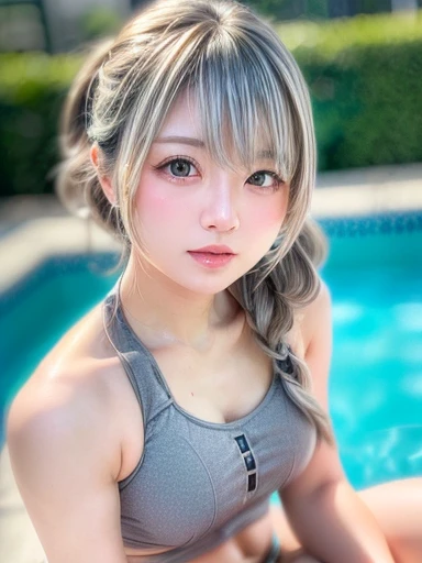 8K, RAW Photos, Fujifilm, Beautiful 20 year old woman style photo, (((Gray Hair:1.3,美しいGray Hairのストレートヘアー、シルキーなGray Hair)))、(((School Swimsuit:1.5,))) Gold earrings, (Highly detailed skin: 1.2), Light medium brown hair, Film Grain, 35mm, Cute Style、(((Sitting 1.5)))、Selfie with smartphone、Pool