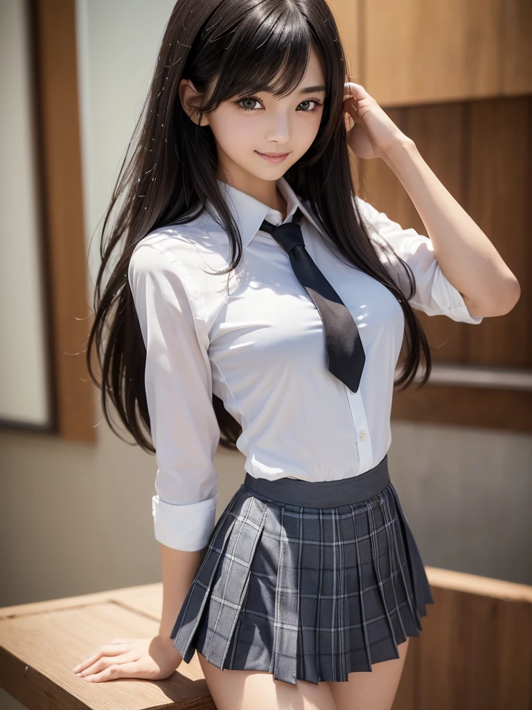 8K, Highest quality, The real picture, Intricate details, Very detailed, Ultra-high resolution, Depth Field,(Realistic,Realistic:1.2),Tabletop , ((Full Body Shot)) , ((Long, slender legs)), 1 girl, eye_Chan, Very beautiful 17 year old girl, innocent big eyes,、Beautiful breasts:1.5、非常に詳細なeye:1.2)、(Beautiful breasts:1.1)、((Black Hair))、(Long Bob Hair), Asymmetrical bangs, Perfect Skin, Fair skin, Small breasts, Tight waist, alone, Staring at the audience, (smile)、((School_uniform), (White shirt、Wear a tie), (Blue checkered pleated micro mini skirt), ((Fold your arms in front of your chest and act arrogantly)), ((楽しそうなsmile)), ((Perfect hand shape))
