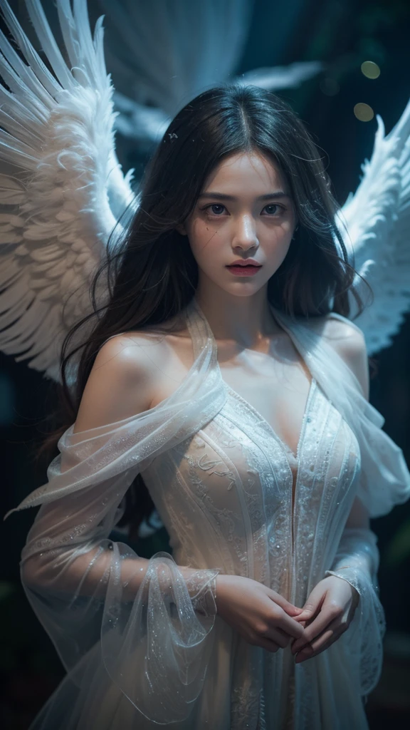 A photorealistic portrait of an avenging angel, their face etched with righteous fury and unwavering determination. Their eyes burn with a fiery intensity, casting a menacing glow upon their surroundings. Their wings, a majestic expanse of feathers, are spread wide, casting a shadow of impending doom. The background is a blur of ethereal light and swirling energy, creating a sense of depth and mystery. The focus is on the angel's face, their expression the focal point of the image, while the rest of the scene is rendered in a soft, dreamlike bokeh. The overall effect is one of awe and terror, a chilling reminder of the consequences of wrongdoing.