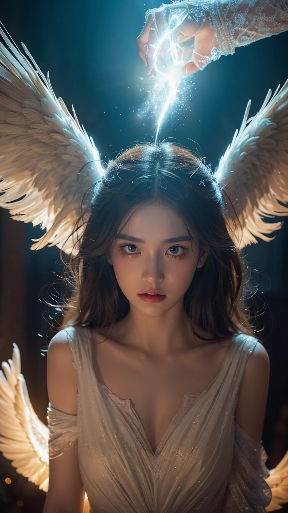 A photorealistic portrait of an avenging angel, their face etched with righteous fury and unwavering determination. Their eyes burn with a fiery intensity, casting a menacing glow upon their surroundings. Their wings, a majestic expanse of feathers, are spread wide, casting a shadow of impending doom. The background is a blur of ethereal light and swirling energy, creating a sense of depth and mystery. The focus is on the angel's face, their expression the focal point of the image, while the rest of the scene is rendered in a soft, dreamlike bokeh. The overall effect is one of awe and terror, a chilling reminder of the consequences of wrongdoing.