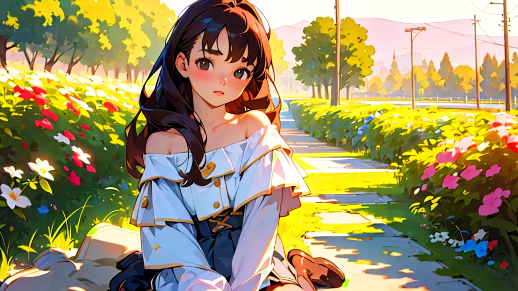 (Highest quality, masterpiece, Ultra-realistic), Beautiful and delicate15Year-old girl portrait, With a calm and gentle expression, Model for painting、Background landscape is park at sunset、Off the shoulder、Miniskirt、Black Stockings、Retro feel