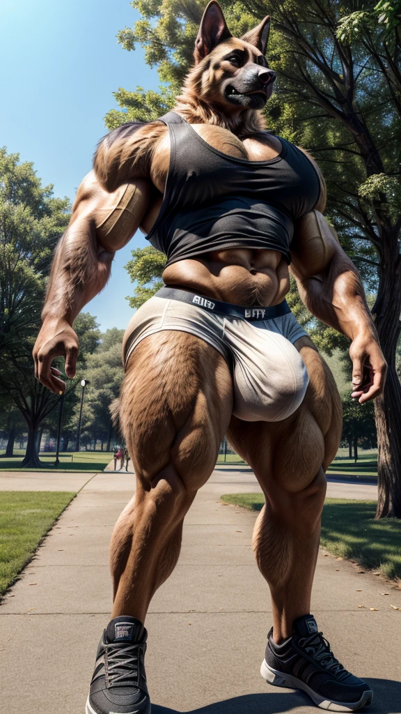 tail, dog, German Shepherd, muscular, sprinting, fluffy fur, tall, giant, (((big bulge))), (((big pecs))), (((small waist))), (((wide hips))), (((big ass))), handsome, (white tank top and underwear), park, (((realistic, 8k, ultra details, masterpiece)))