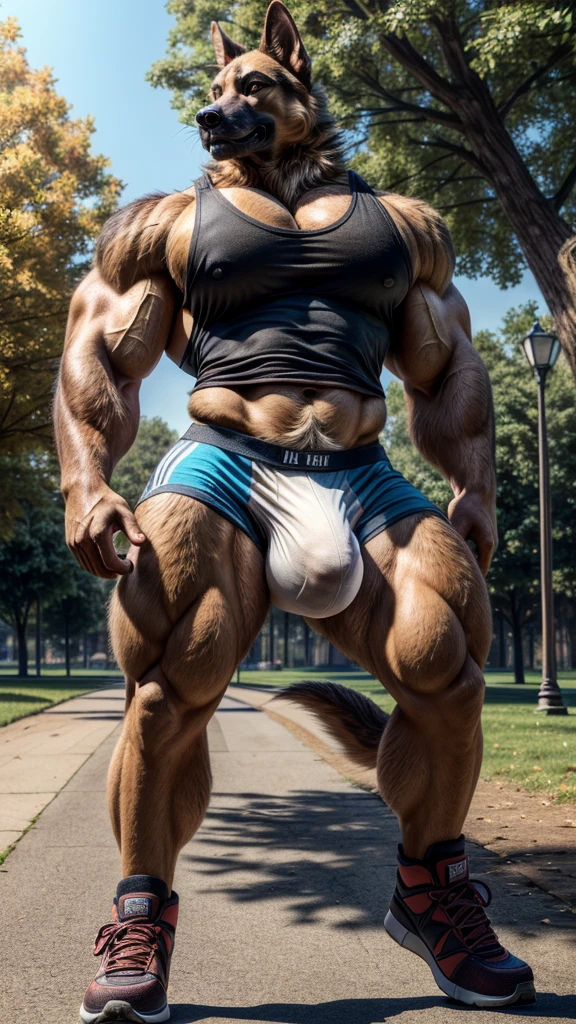 tail, dog, German Shepherd, muscular, sprinting, fluffy fur, tall, giant, (((big bulge))), (((big pecs))), (((small waist))), (((wide hips))), (((big ass))), handsome, (white tank top and underwear), park, (((realistic, 8k, ultra details, masterpiece)))