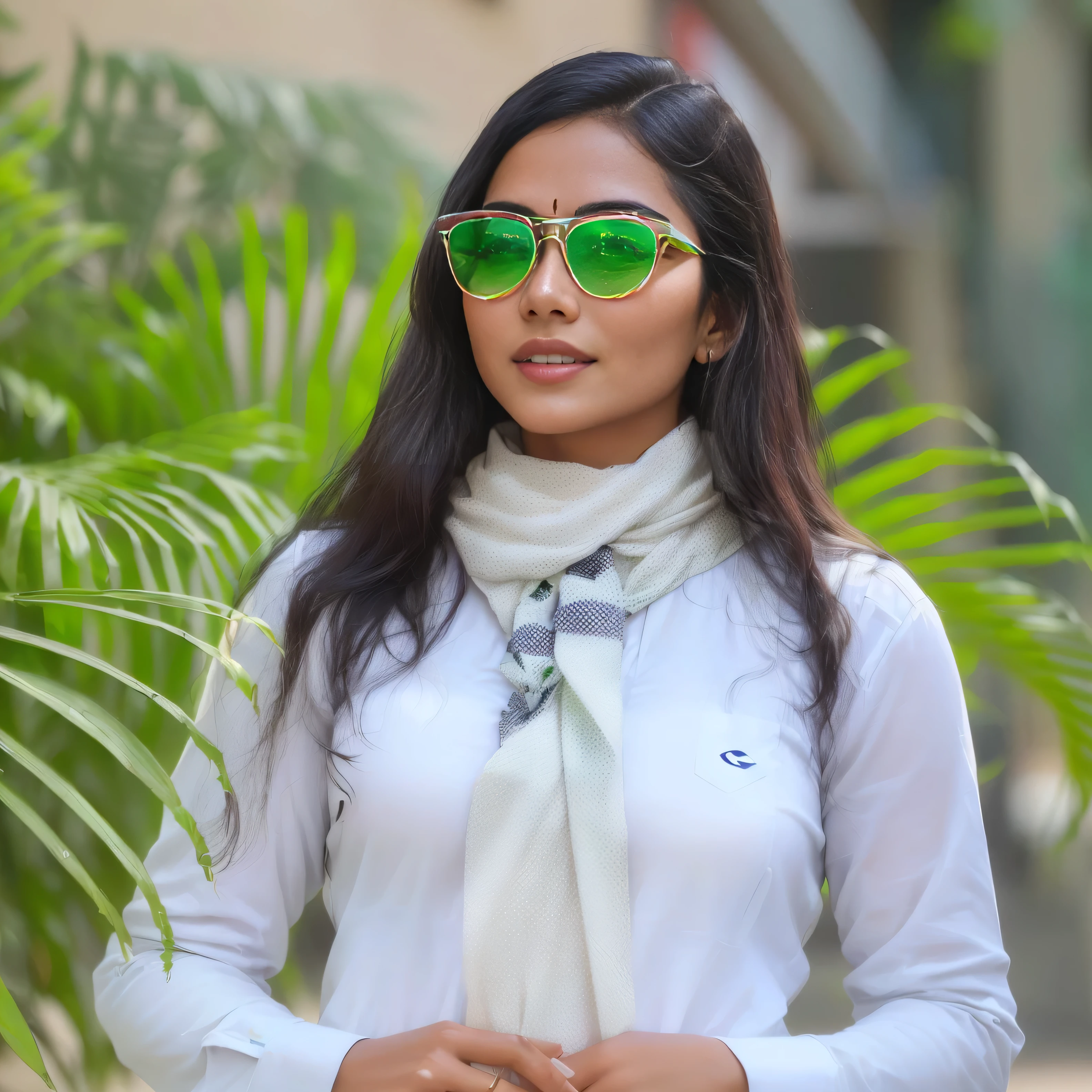araffe woman wearing a white shirt and a tie and green glasses, with sunglass, with square glasses, wear ray - ban glass, nivanh chanthara, in sunny weather, green shades, candid picture, with lovely look, with accurate face, with glasses, assamese aesthetic, with a cool pose, with sunglasses, !!wearing modern glasses!!