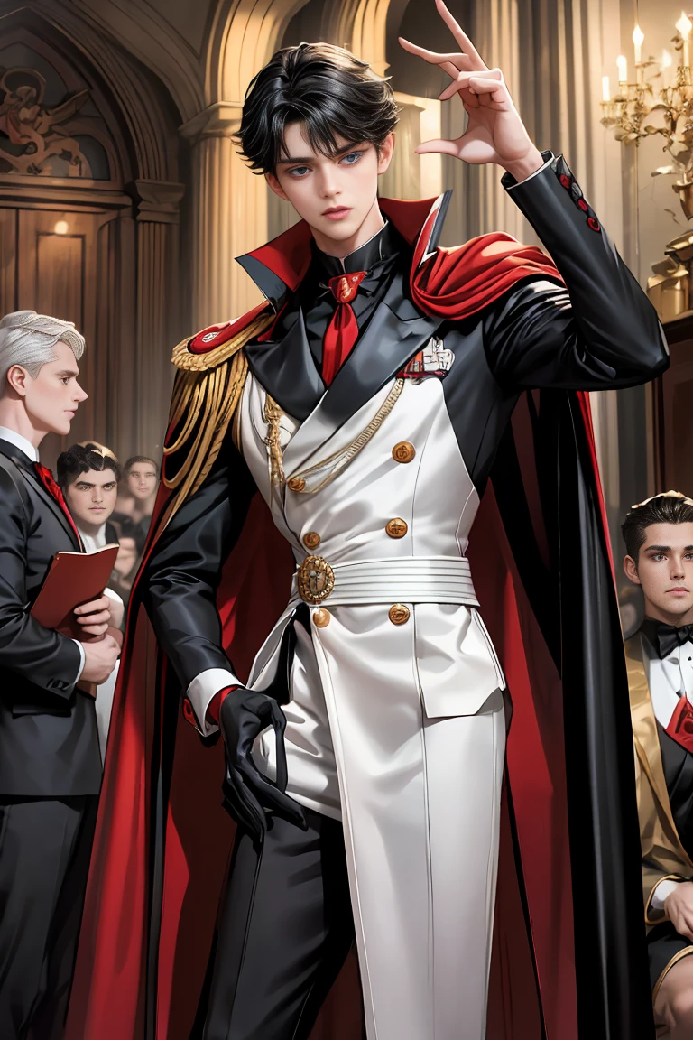 
masterpiece, 最high quality, high quality, 1 boy, alone, Male focus, Watching the audience,  Messy black hair, Adorable big blue eyes, White people, Noble, Noble,Sexy voluminous black and red cape、Tuxedo、A very voluminous, large, very large, very large, long, long red and black cape with a high stand-up collar, reaching down to the floor, made of a lot of fabric., 17 years old,Cute beautiful boys,Cute, cute, kind, handsome guy