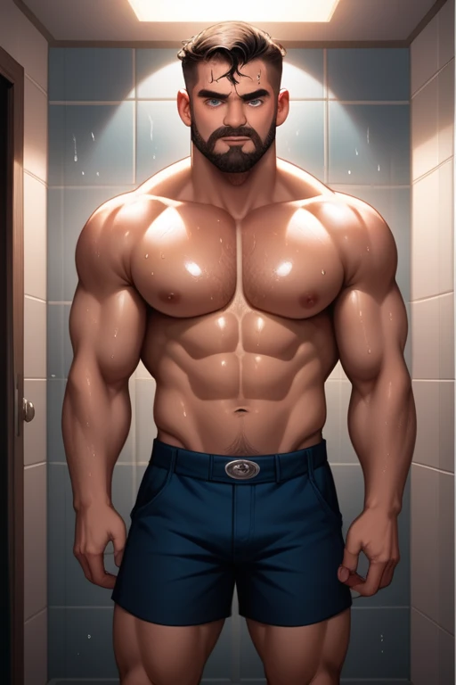 45 year old man(cobalt blue eyes; middle-aged; salt-and-pepper crew cut; epic square jawline; rough; rugged; muscular and imposing; incredible beard; masculine; round-faced, Kurt Russell), Disney-style cgi, futuristic; dystopian; best quality; high detail; trending on artstation; complex volumetric lighting; naked in the shower; 80s action hero; sweaty; grimy; cop who plays by his own rules; indoors; wet body; wet hair