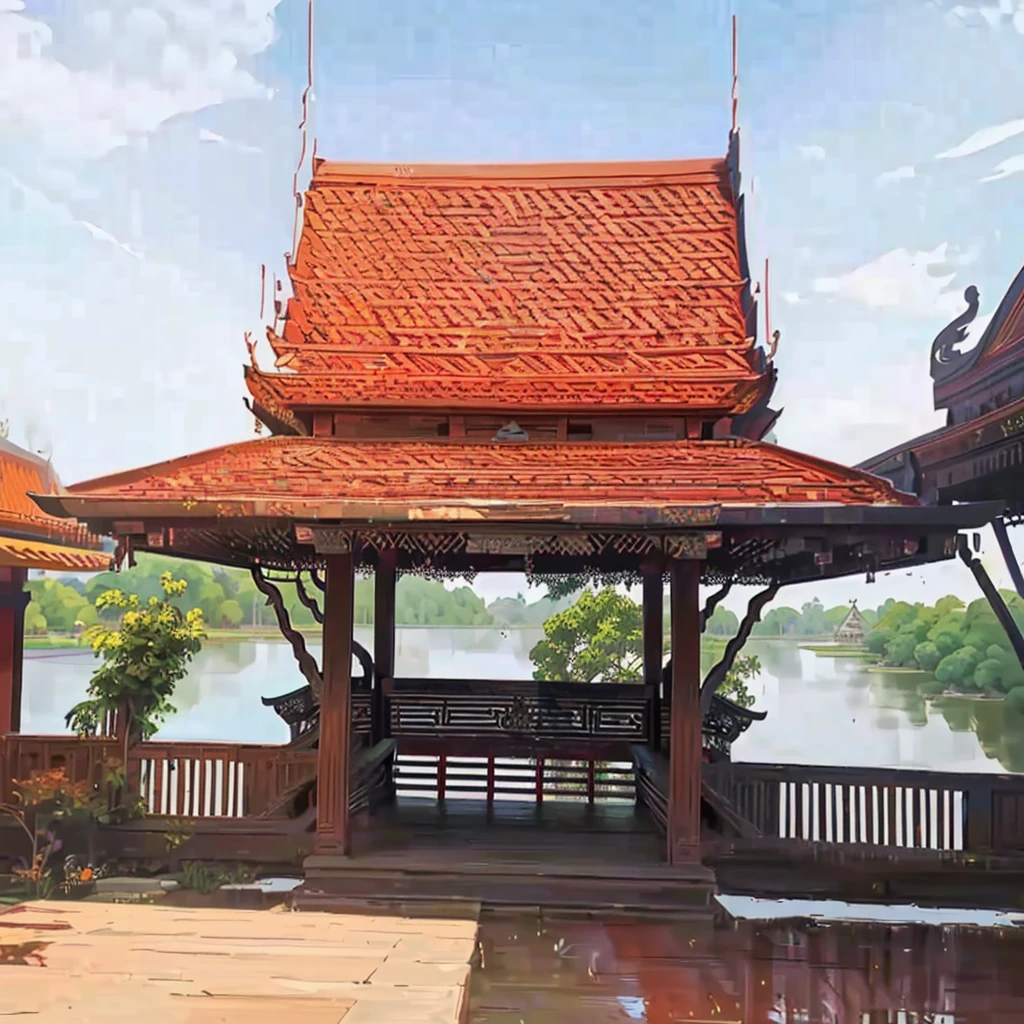 there is a bench that is sitting in front of a gazebo, a temple, beautiful image, temple in the background, patiphan sottiwilaiphong, thai temple, peaked wooden roofs, temple, in style of thawan duchanee, water temple, patiphan sottiwilai, pavilion, historical setting, clean image, wonderful masterpiece(painting)