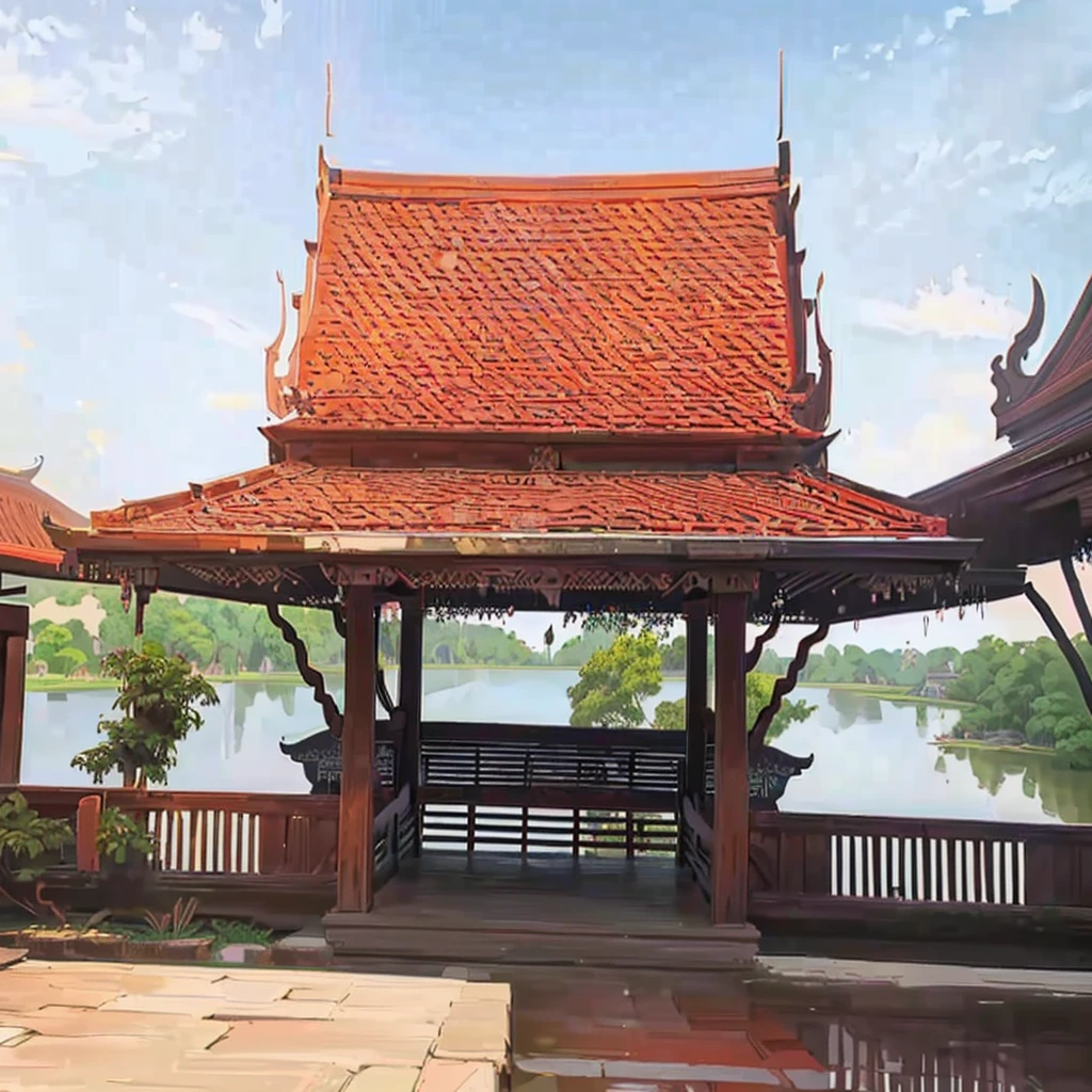 there is a bench that is sitting in front of a gazebo, a temple, beautiful image, temple in the background, patiphan sottiwilaiphong, thai temple, peaked wooden roofs, temple, in style of thawan duchanee, water temple, patiphan sottiwilai, pavilion, historical setting, clean image, wonderful masterpiece(painting)