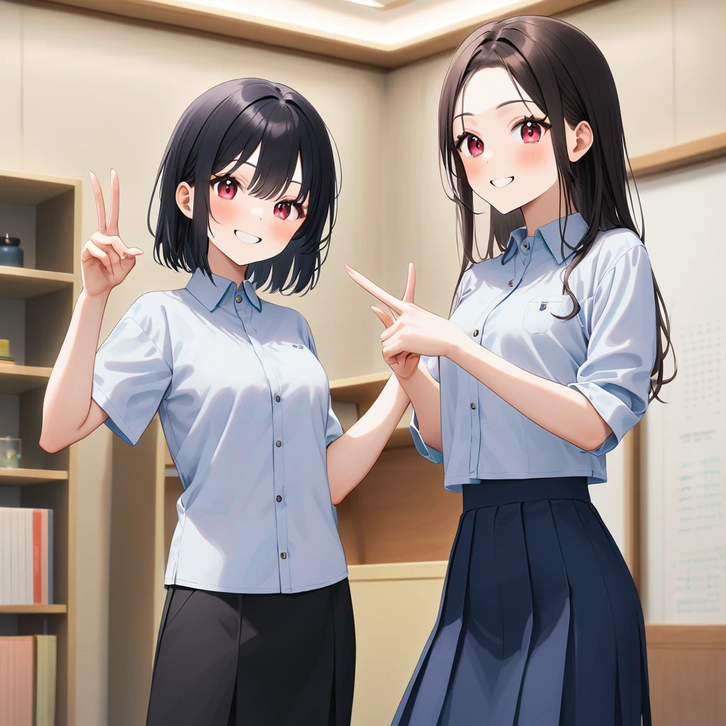 A confident smile, かわいいポーズをとっているtwo students demonstrating a gesture commonly associated with a peace sign while speaking by レストラン, slacks, Black Hair, indoor, in, skirt, shirt, ((((complete fiine fingers))))