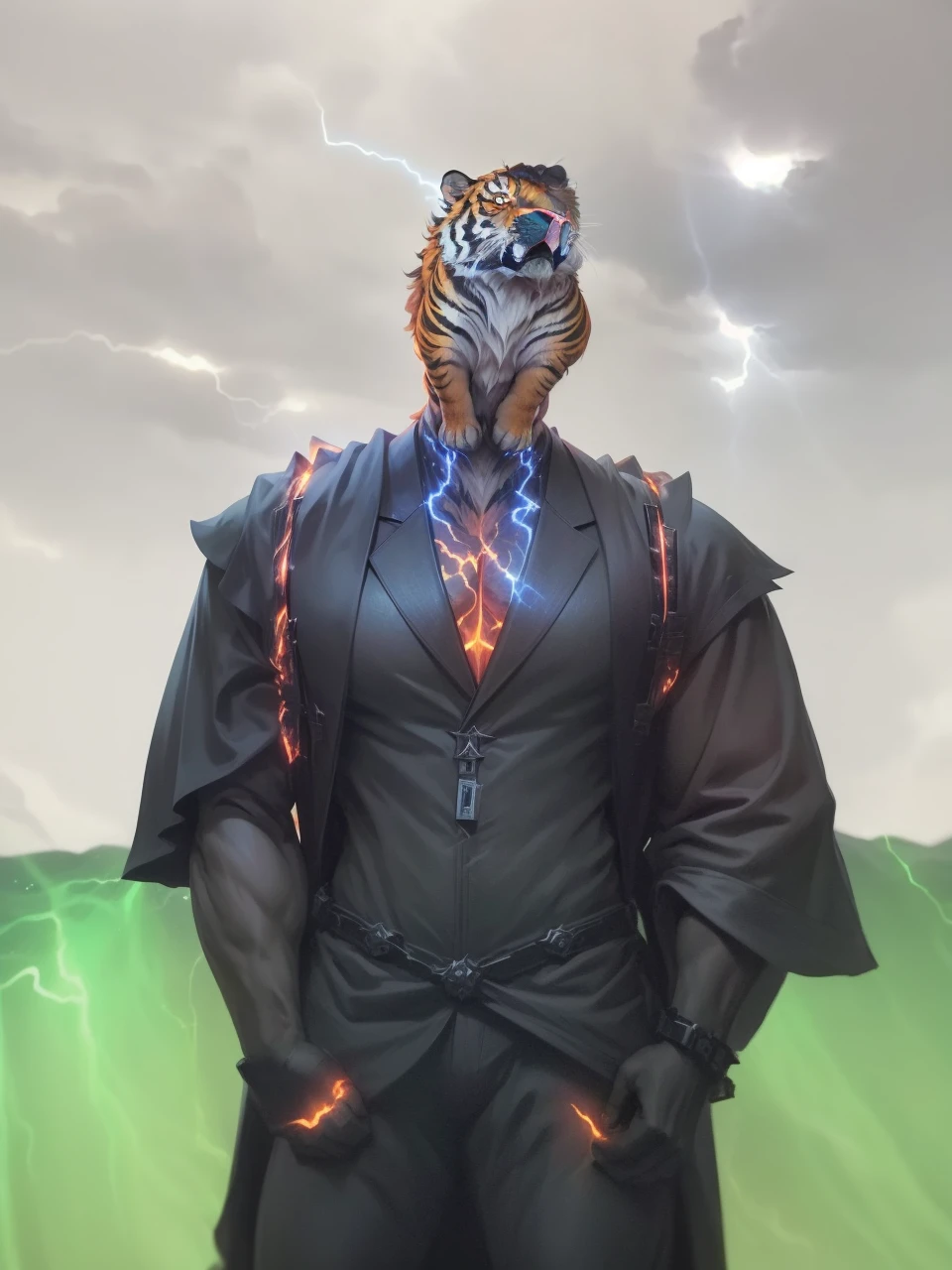 The Roar Tiger of Dark and Light soars majestically in the sky, its fiery orange fur contrasting dramatically against the backdrop of ominous, dark clouds. The tiger's eyes gleam with an intense golden light, as it lets out a mighty roar that pierces through the rumbling thunder. The storm clouds, swirling with electric energy, dance around the tiger, their edges illuminated by the flickering, ethereal light emanating from the beast's form. The celestial sight is both awe-inspiring and fearsome, as onlookers below marvel at the spectacle unfolding above them.