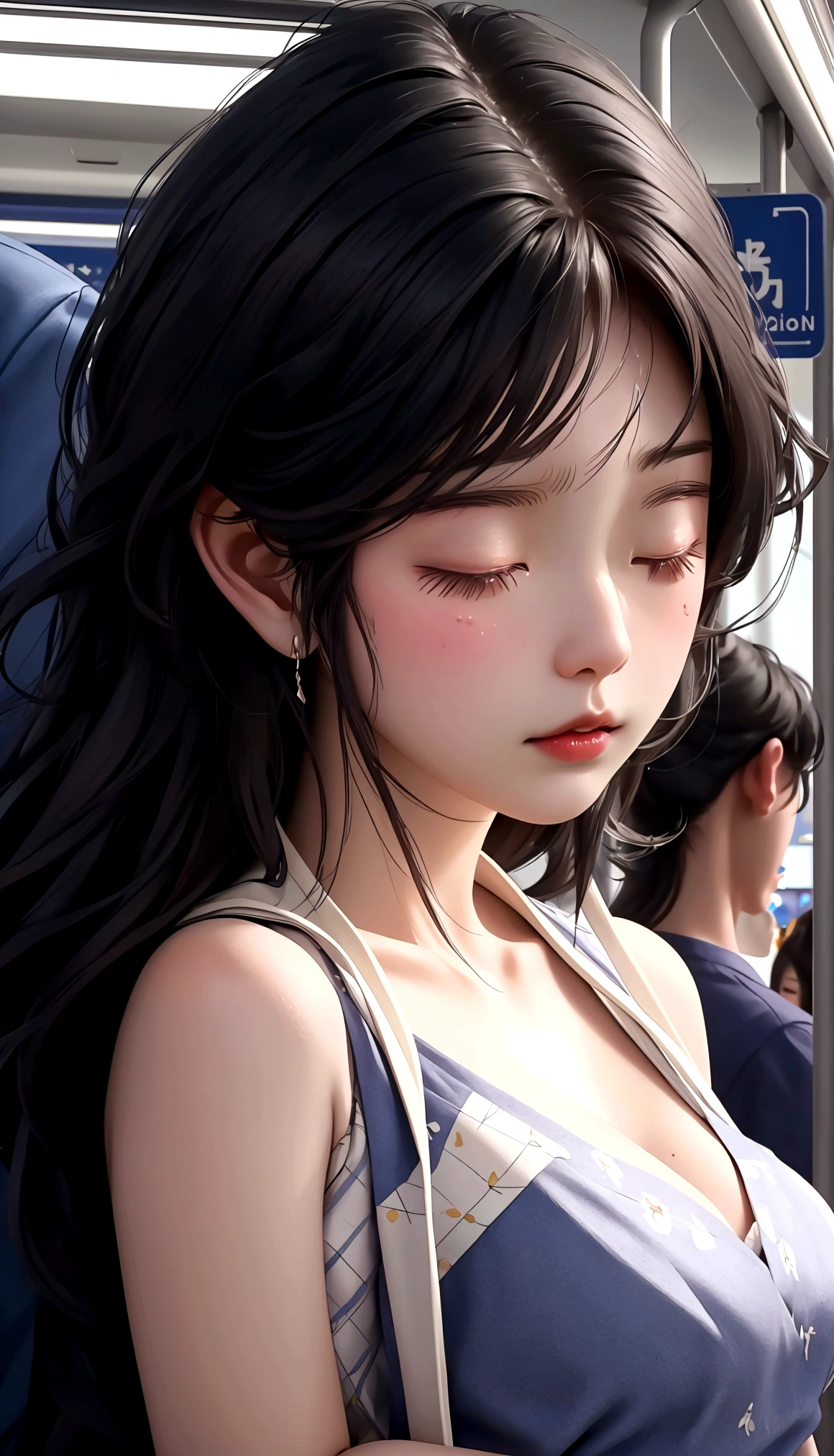 High-quality, 8K ultra-detailed portrait of a J-POP inspired scene, featuring a beautiful woman nodding off on a crowded commuter train, nearly missing her station, extremely realistic, cinematic composition, trending on ArtStation