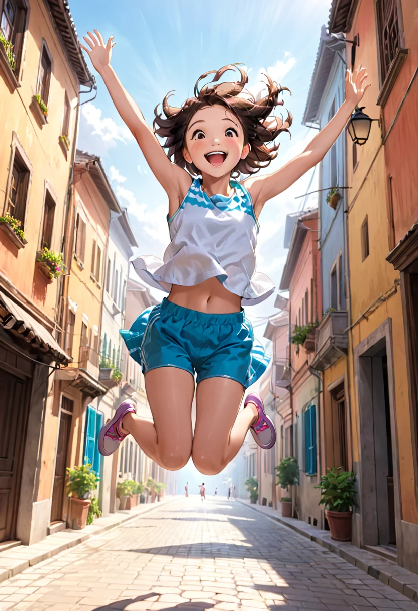 The girl jumps for joy