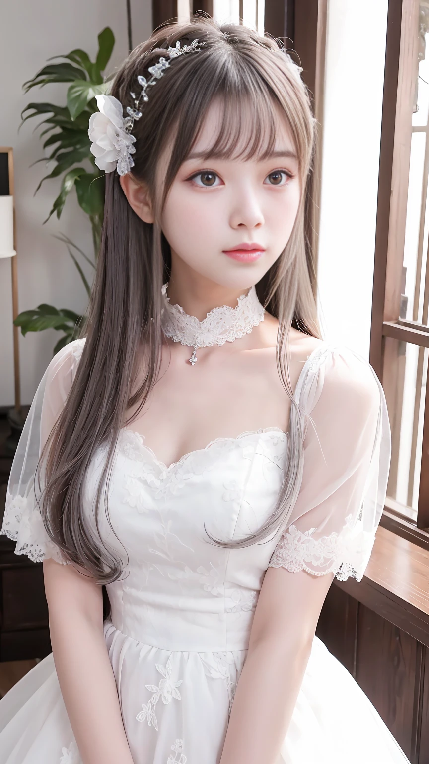 1 girl,《《Beautiful eyes detailed and described》》{{{Beautiful and delicate face}}},《{Dressed in white}》《《《Pink Eyes》》》,,《《Cross Bangs》》,,{{{Standing}}},,《《《Gray hair fluttering》》》