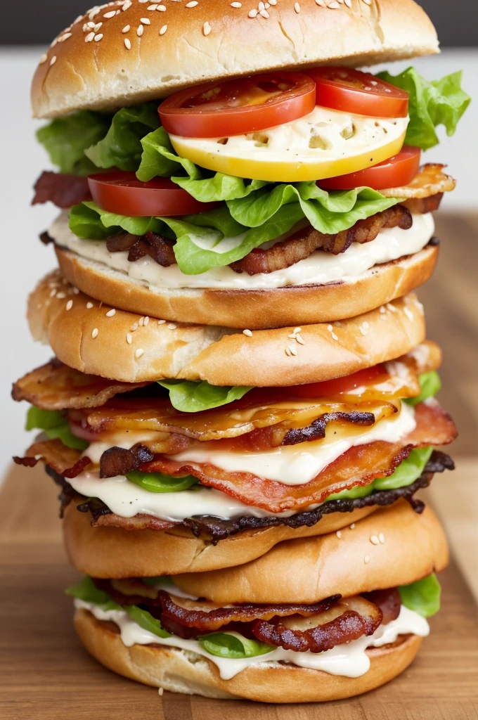Create a sandwich with the following ingredients, hamburger bun, who mozzarella. Caramelized onion crispy bacon lettuce tomato