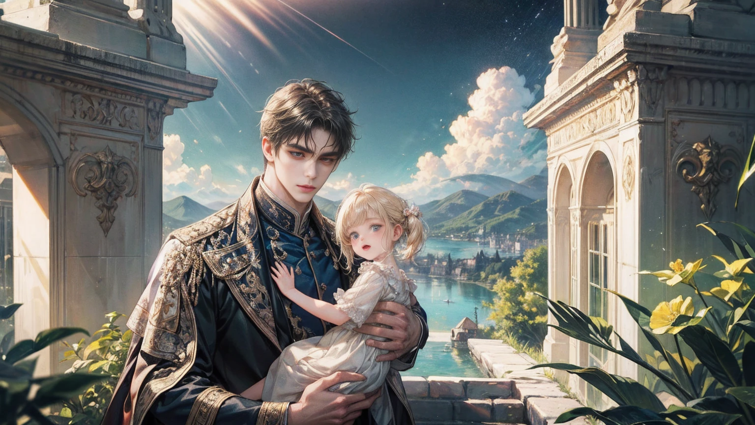 (masterpiece), (Highest quality, High resolution, Very detailed, figure), , Beautiful attention to detail, 8K, Trending on Art Station, A mountain with the moon floating in the sky, introduced on Pixiv々and lakes, 4K のVery detailedデジタルアート, Very detailed4K HD壁紙, Impressive and fantastic landscape, Sci-Fi Fantasy Desktop Wallpaper, Unreal Engine 4K Wallpaper, 4K Detailed Digital Art, Sci-Fi Fantasy Wallpapers, Epic dreamy fantasy landscape, 4K HD Matte Digital Painting, Amazing artwork in 8K "Under the clear blue summer sky, in the garden of a modern house , a young father is warmly and tightly holding up his young twin children, a boy and a girl. The father, once Constantine I, displays an expression of love and forgiveness, showing no signs of fatigue from work. The twins, once Crispus and Fausta, have innocent and radiant smiles, enveloped in a sense of security in their father's arms. In the background, the sparkling sea and the stylish modern house bathed in summer sunlight extend. Light and shadow intertwine perfectly, with the whole scene exuding a glow symbolizing purification and relationship restoration."。Also friendly and pleasant relationship、divine atmosphere、A paradise of greenery and flowers、heaven、Blessings and Blessings、Beautiful fece、brilliance、ultra-quality、Ultra-high resolution、ultra-definition、Super beautiful、masterpiece