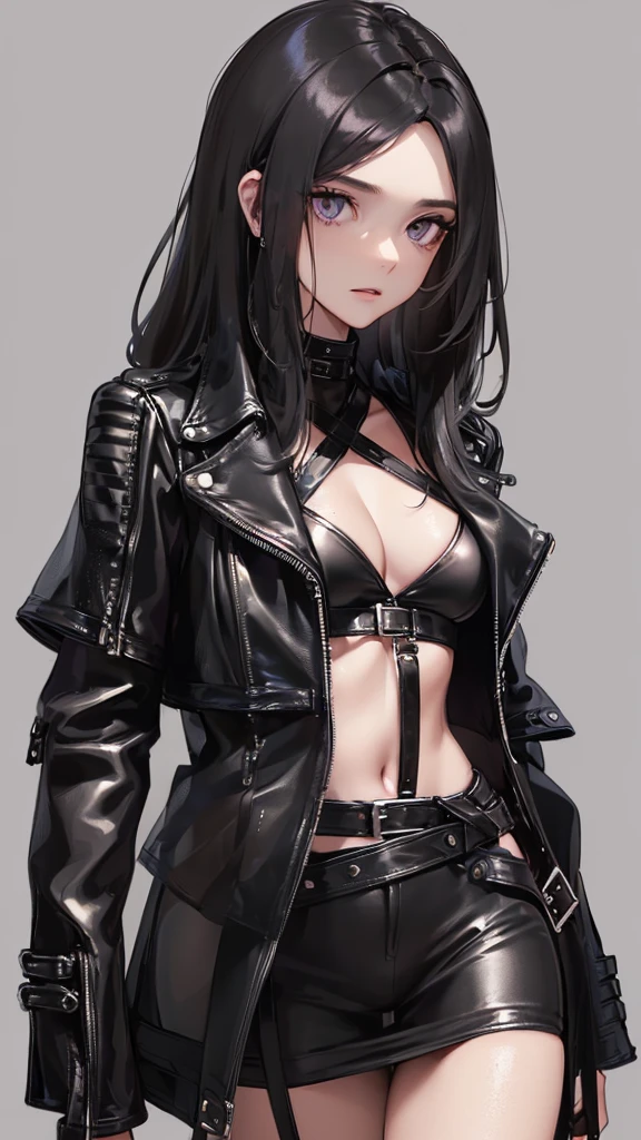 Photograph of the upper body of a beautiful woman, , [see through](Black leather jacket:1.47), natural breast, big breasts, (small waist, perfect body curves), earring, Sharp focus, (tall body, mature woman), ((Looking ahead)), (Highly detailed skin, hair follicles:1.4) long hairสีขาว, long hair,purple eyes