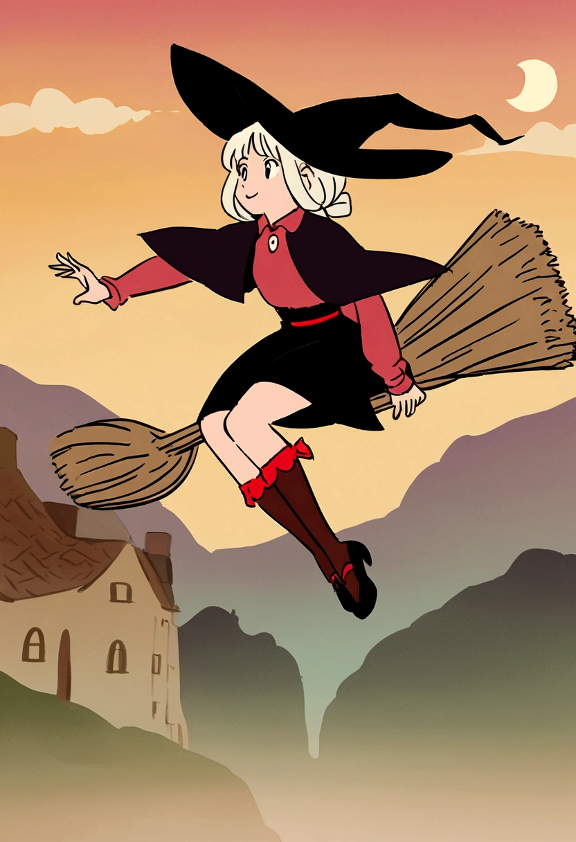 Witch's Delivery Service,Girl flying in the sky on a broom,Ghibli style,Background on life in Croatia
