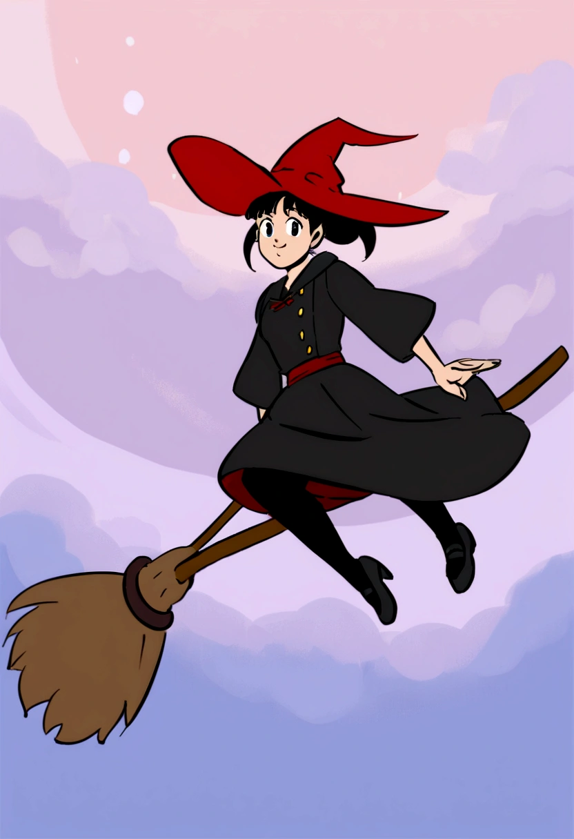 Witch's Delivery Service,Girl flying in the sky on a broom,Ghibli style,Background on life in Croatia