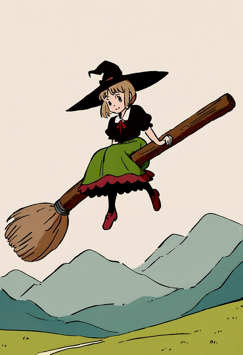 Witch's Delivery Service,Girl flying in the sky on a broom,Ghibli style,Background on life in Croatia